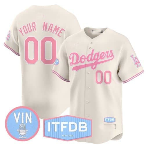 Custom Los Angeles Dodgers Vin ITFDB Patch Bubblegum Pink Vapor Premier Limited Jersey ¨C Cream CONTON