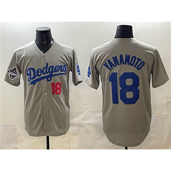 Los Angeles Dodgers #18 Yoshinobu Yamamoto Gray CONTON 2025 World Series Champions Patch Stitched Jersey