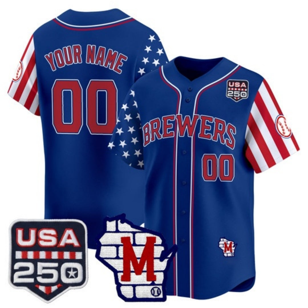 Custom Milwaukee Brewers America 250 Edition Vapor Premier Limited Royal CONTON Stitched Jerseys