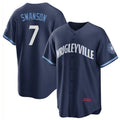 Chicago Cubs #7 Dansby Swanson Navy CONTON City Connect Cool Base Stitched Jersey