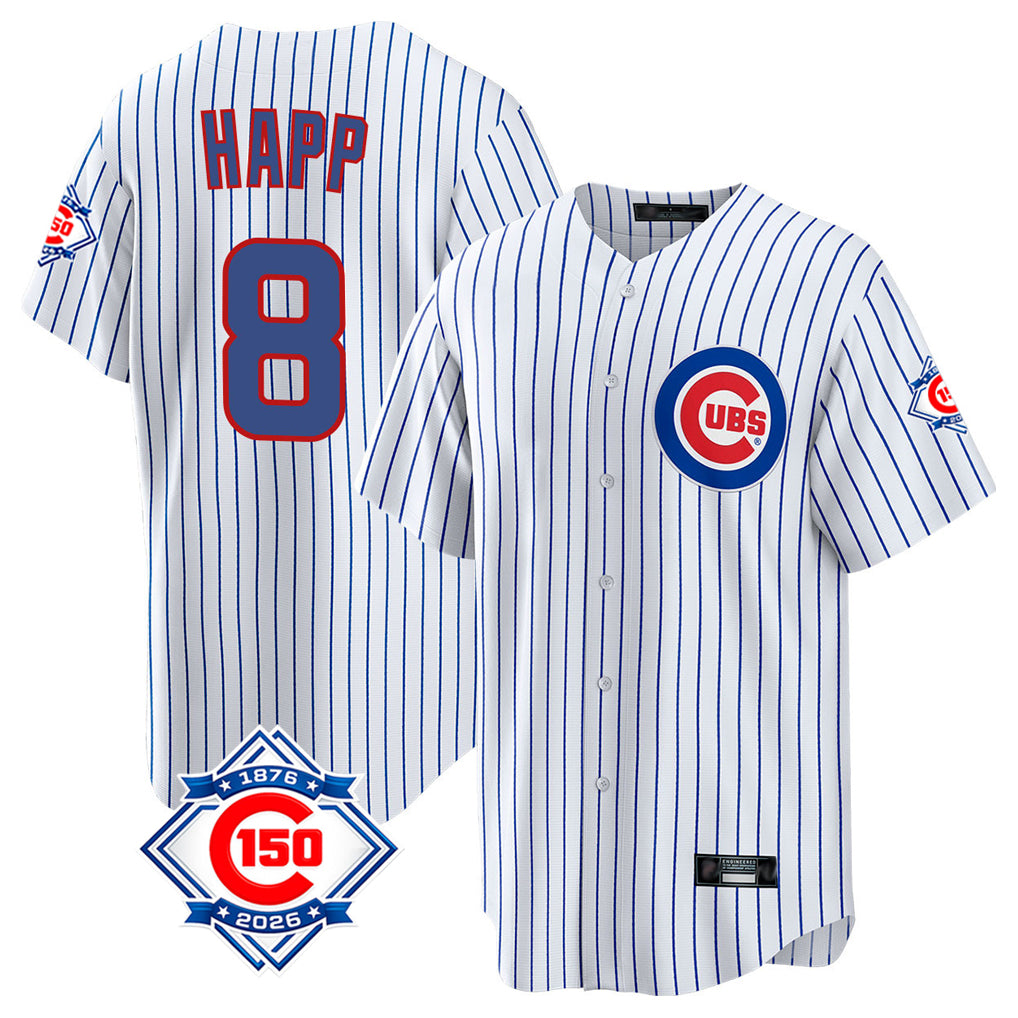 Chicago Cubs #8 Ian Happ Player White CONTON 150th Anniversary Home Game Stitched Jerseys