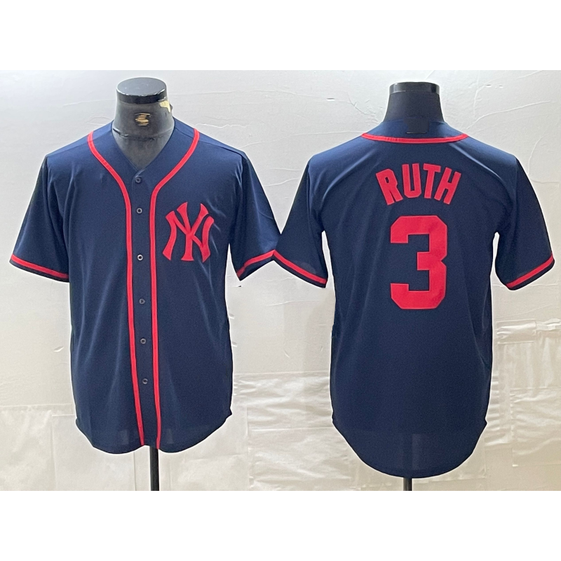 New York Yankees #3 Babe Ruth Navy Red CONTON Fashion Cool Base Jersey