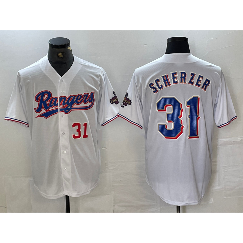 Texas Rangers #31 Max Scherzer Number White CONTON 2023 World Series Champions Cool Base Jersey 2