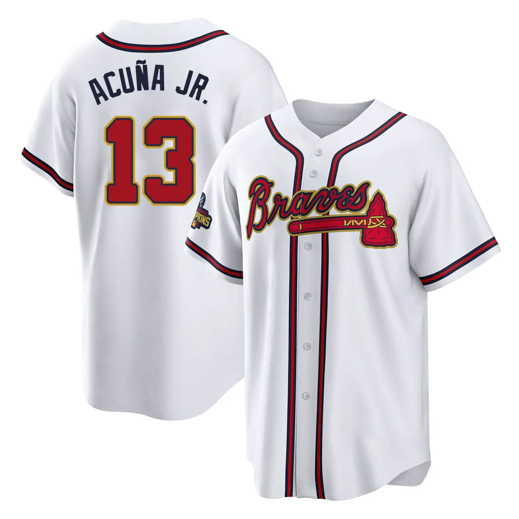 Atlanta Braves #13 Ronald Acuna Jr Player White Gold CONTON Home Game Stitched Jerseys