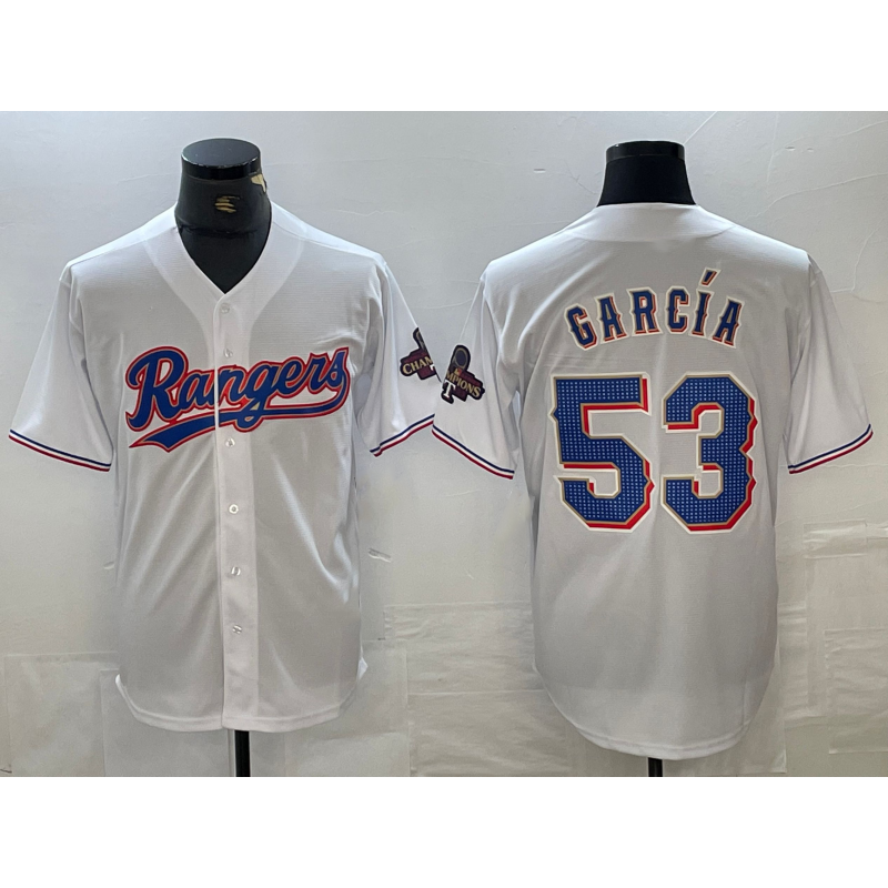 Texas Rangers #53 Adolis Garcia White CONTON 2023 World Series Champions Cool Base Jersey