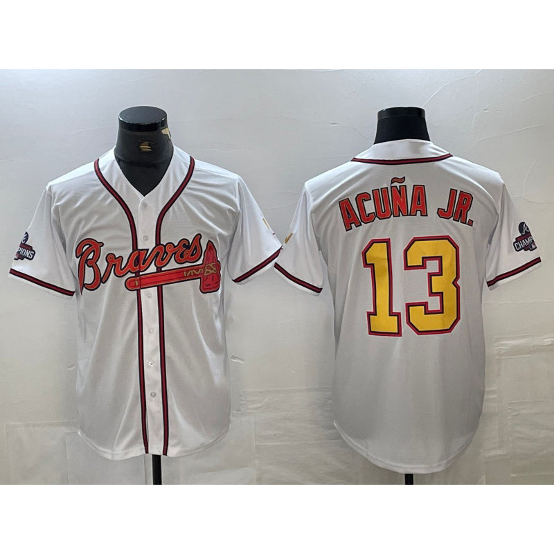 Atlanta Braves #13 Ronald Acuna Jr White Gold CONTON 2021 World Series Champions Stitched Cool Base Jersey