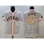 Houston Astros #27 Jose Altuve 2023 White Gold CONTON World Serise Champions Patch Flex Base Stitched Jersey