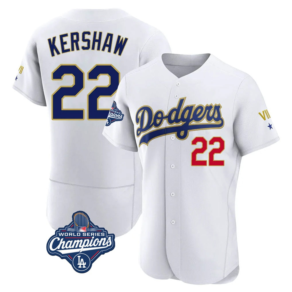 Los Angeles Dodgers #22 Clayton Kershaw Player Gold White CONTON World Series Meet 2026 Collection Stadium Limited Elite Stitched Jerseys