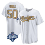 Los Angeles Dodgers #50 Mookie Betts Player White Gold CONTON World Series Meet Collection Limited Home Stitched Jerseys
