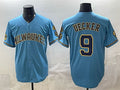Milwaukee Brewers #9 Bob Uecker Blue CONTON With Home & Bob Uecker Patch Stitched Jersey