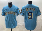 Milwaukee Brewers #9 Bob Uecker Blue CONTON With Home & Bob Uecker Patch Stitched Jersey