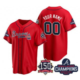 Custom Atlanta Braves Red CONTON Active Player 2021 World Series Chimpions With 150th Anniversary Cool Base Stitched Jersey