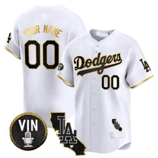 Custom Los Angeles Dodgers Vin & California Patch Gold Trim Vapor Premier Limited Jersey ¨C White Gold CONTON