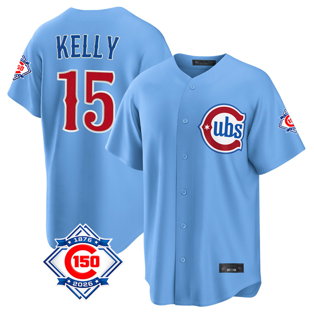 Chicago Cubs #15 Carson Kelly Player Light Blue CONTON 150th Anniversary Home Game Stitched Jerseys