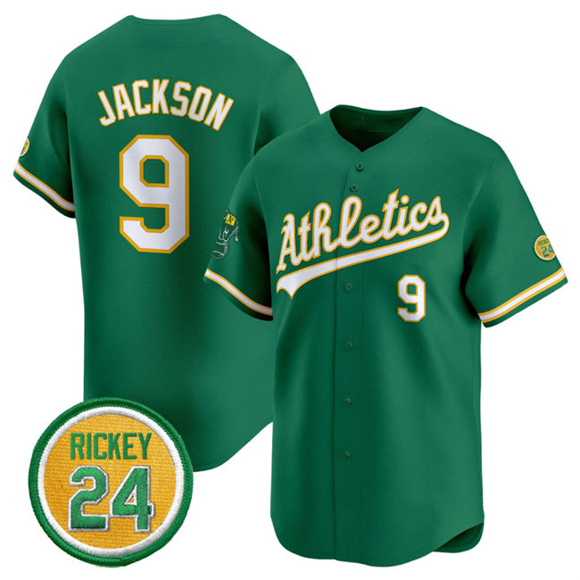 Oakland Athletics #9 Reggie Jackson Green CONTON 2024 Limited With Rickey Henderson Patch Stitched Jersey