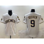 Milwaukee Brewers #9 Bob Uecker White CONTON With Home Patch Limited Stitched Jersey