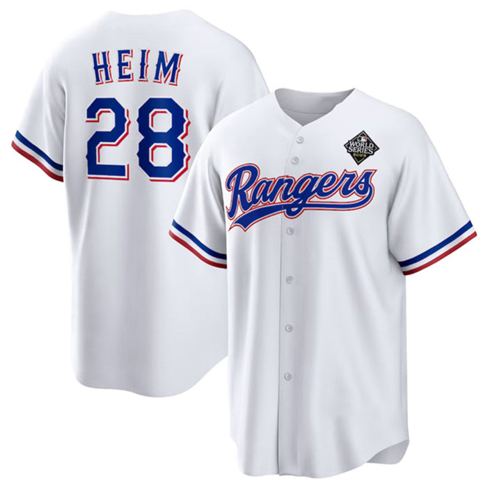 Texas Rangers #28 Jonah Heim 2023 White CONTON World Series Stitched Jersey