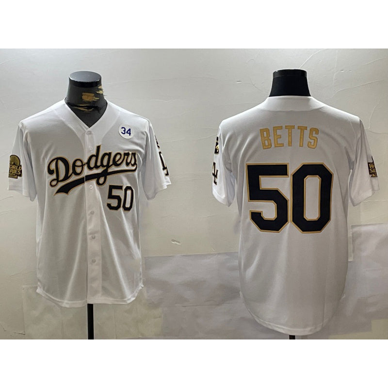 Los Angeles Dodgers #50 Mookie Betts White Gold CONTON 2024 World Series With Fernando Memorial Patch Limited Stitched Jersey2