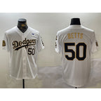 Los Angeles Dodgers #50 Mookie Betts White Gold CONTON 2024 World Series With Fernando Memorial Patch Limited Stitched Jersey2