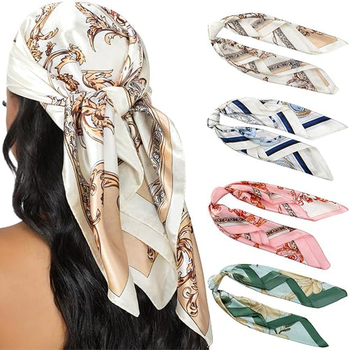 4PCS Head Scarf for Women 35” Silk Feel Hair Scarf | Satin Neck Scarfs, Square Bandana Hair Wraps, Head Scarves for Sleeping, Travel, Hair Protection, Daily Wear