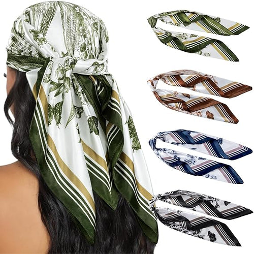 4PCS Head Scarf for Women 35” Silk Feel Hair Scarf | Satin Neck Scarfs, Square Bandana Hair Wraps, Head Scarves for Sleeping, Travel, Hair Protection, Daily Wear