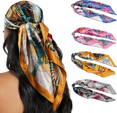 4PCS Head Scarf for Women 35” Silk Feel Hair Scarf | Satin Neck Scarfs, Square Bandana Hair Wraps, Head Scarves for Sleeping, Travel, Hair Protection, Daily Wear