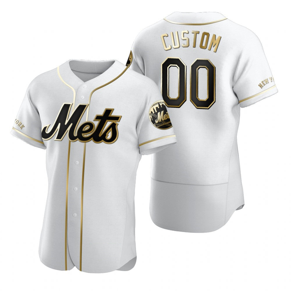 Custom New York Mets White CONTON Stitched Flex Base Golden Edition Jersey