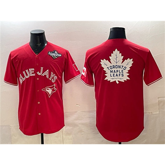 Toronto Blue Jays & Leafs Red CONTON 2025 World Series With White Leafs Logo Cool Base Stitched Jersey