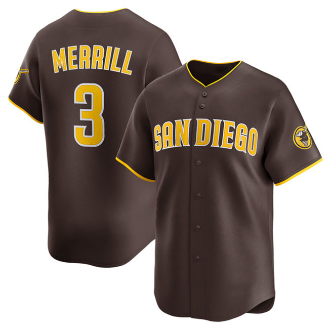 San Diego Padres #3 Jackson Merrill Brown CONTON 2024 Away Limited Stitched Jersey