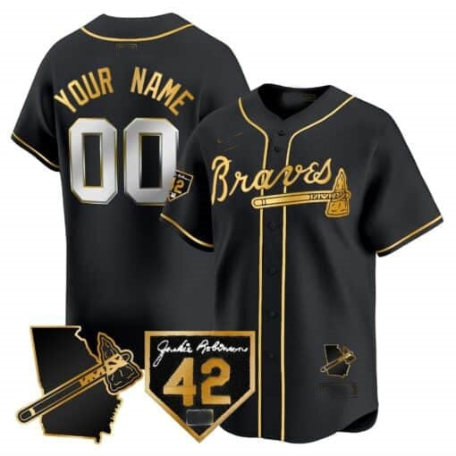 Custom Atlanta Braves 2024 Robinson & Georgia Patch Vapor Premier Limited Jersey ¨C Black Gold CONTON