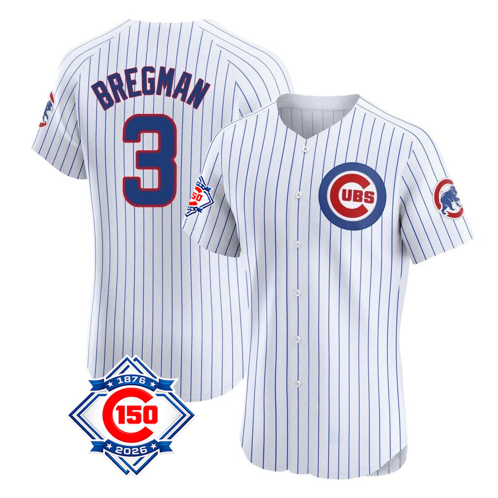 Chicago Cubs #3 Alex Bregman Player White CONTON 150th Anniversary Limited Elite Home Game Stitched Jerseys