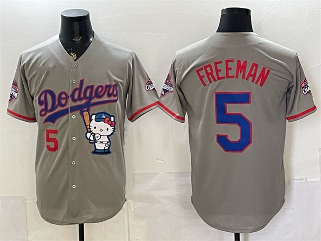 Los Angeles Dodgers #5 Freddie Freeman Grey CONTON Hello Kitty Night 2025 World Series Champions Patch Stitched Jersey