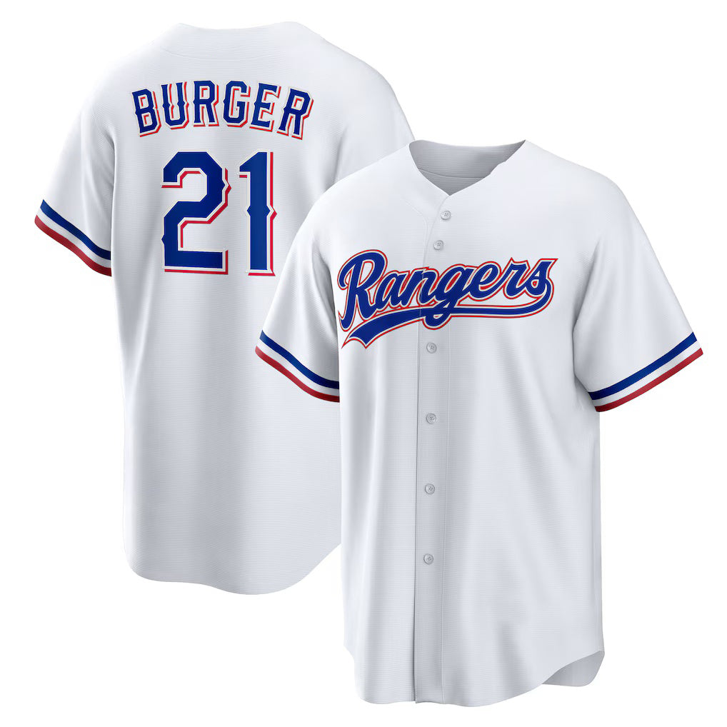 Texas Rangers #21 Jake Burger White CONTON Home Replica Jersey
