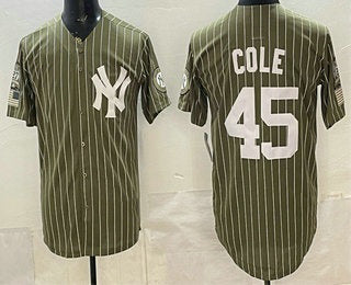 New York Yankees #45 Gerrit Cole Olive CONTON Pinstripe 2026 Armed Forces Day Salute To Service Jersey