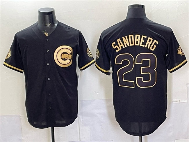 Chicago Cubs #23 Ryne Sandberg Black Gold CONTON 150th Anniversary Patch Stitched Jersey