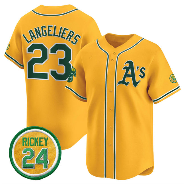 Oakland Athletics #23 Shea Langeliers Yellow CONTON 2024 Limited With Rickey Henderson Patch Stitched Jersey
