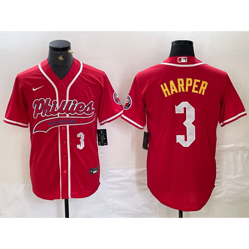 Philadelphia Phillies #3 Bryce Harper Number Red CONTON Cool Base Stitched Jerseys