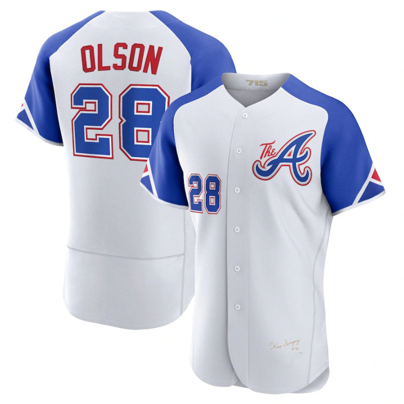 Atlanta Braves #28 Matt Olson ACTIVE PLAYER Custom White CONTON 2023 City Connect Flex Base Stitched Jersey