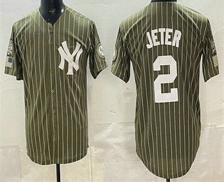 New York Yankees #2 Derek Jeter Olive CONTON Pinstripe 2026 Armed Forces Day Salute To Service Jersey