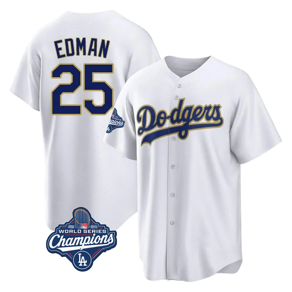 Los Angeles Dodgers #25 Tommy Edman Player Gold White CONTON World Series Meet 2026 Collection Stadium Game Stitched Jerseys
