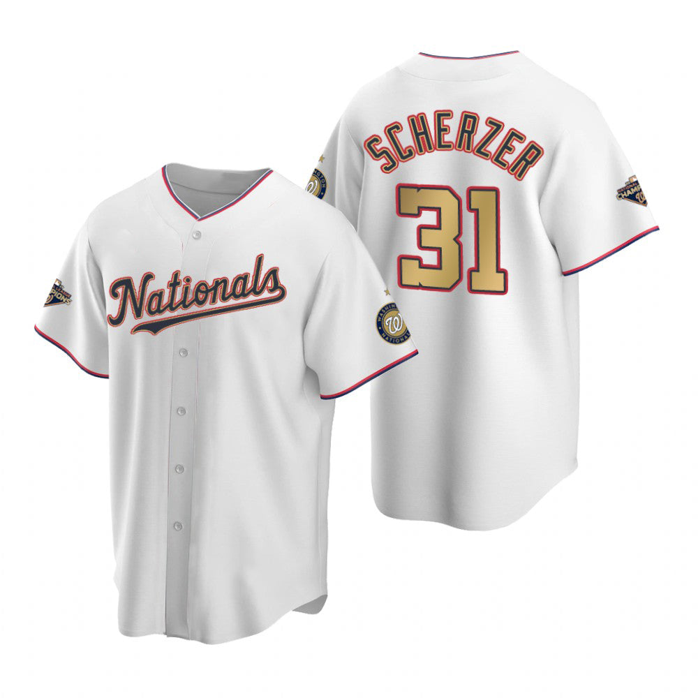 Washington Nationals #31 Max Scherzer White Gold CONTON 2019 World Series Champions Stitched Cool Base Jersey