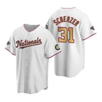 Washington Nationals #31 Max Scherzer White Gold CONTON 2019 World Series Champions Stitched Cool Base Jersey
