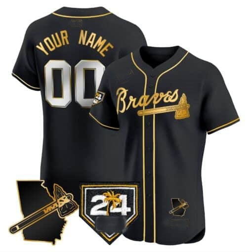 Custom Atlanta Braves 2024 Spring Training & Georgia Patch Vapor Premier Elite Jersey ¨C Black Gold CONTON