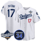 Los Angeles Dodgers #17 Shohei Ohtani White CONTON 2025 World Series With No. 34 Patch Limited Stitched Jersey