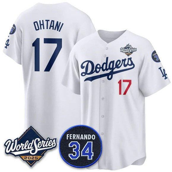 Los Angeles Dodgers #17 Shohei Ohtani White CONTON 2025 World Series With No. 34 Patch Limited Stitched Jersey
