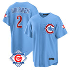 Chicago Cubs #2 Nico Hoerner Player Light Blue CONTON 150th Anniversary Home Game Stitched Jerseys