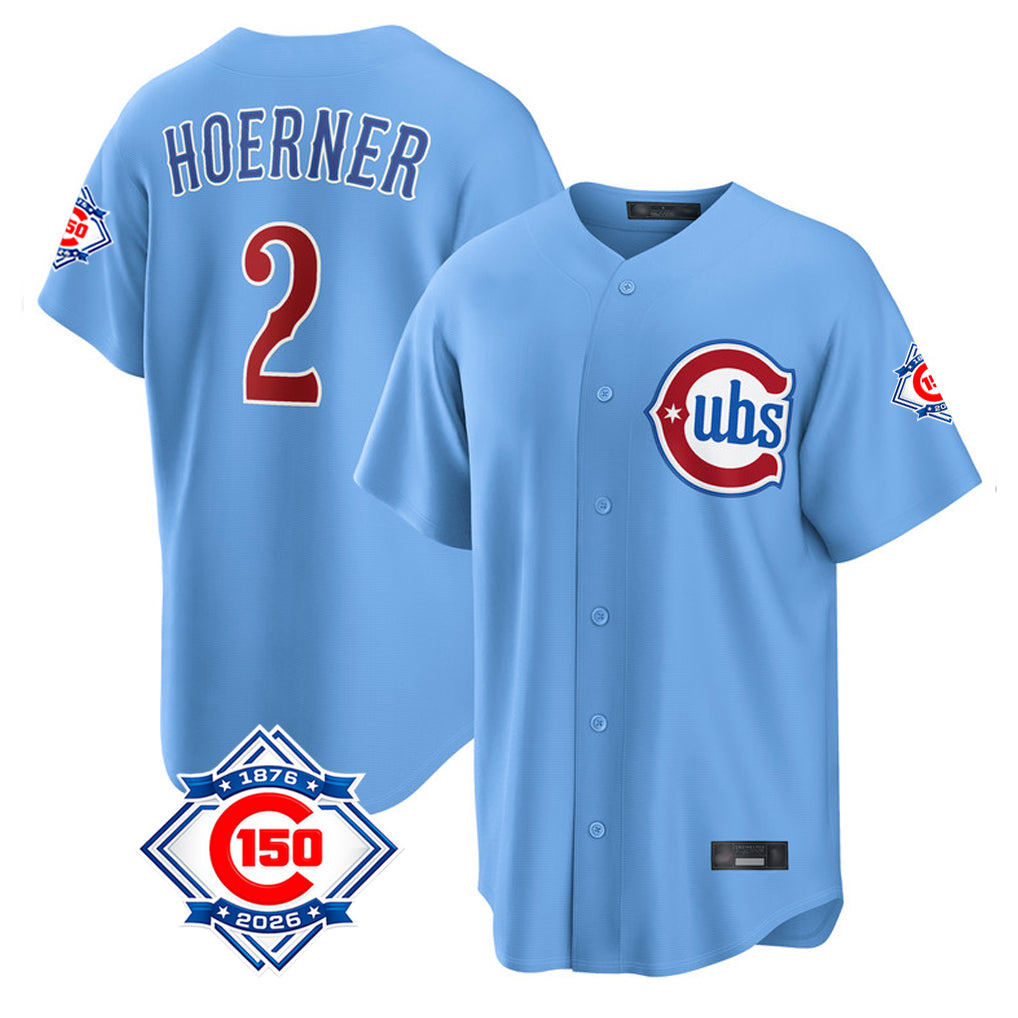 Chicago Cubs #2 Nico Hoerner Player Light Blue CONTON 150th Anniversary Home Game Stitched Jerseys