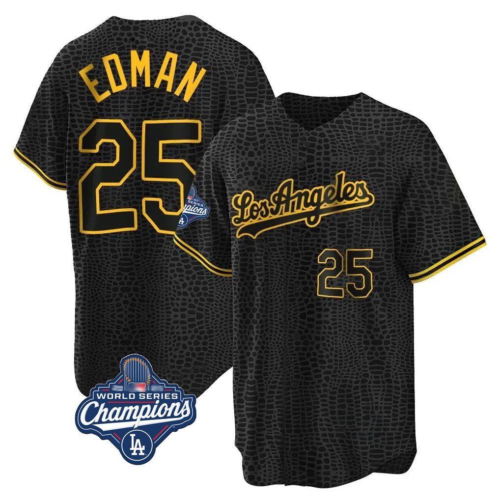 Los Angeles Dodgers #25 Tommy Edman Player Black CONTON World Series Meet Snake Skin City Limited Elite Home Stitched Jerseys
