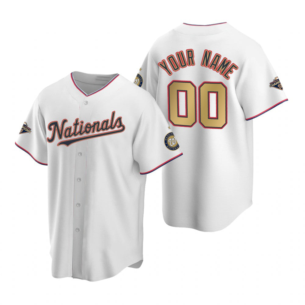 Custom Washington Nationals White Gold CONTON 2019 World Series Champions Stitched Cool Base Jersey