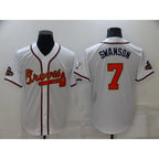 Atlanta Braves#7 Dansby Swanson 2022 White CONTON Gold World Series Champions Program Cool Base Stitched Jersey